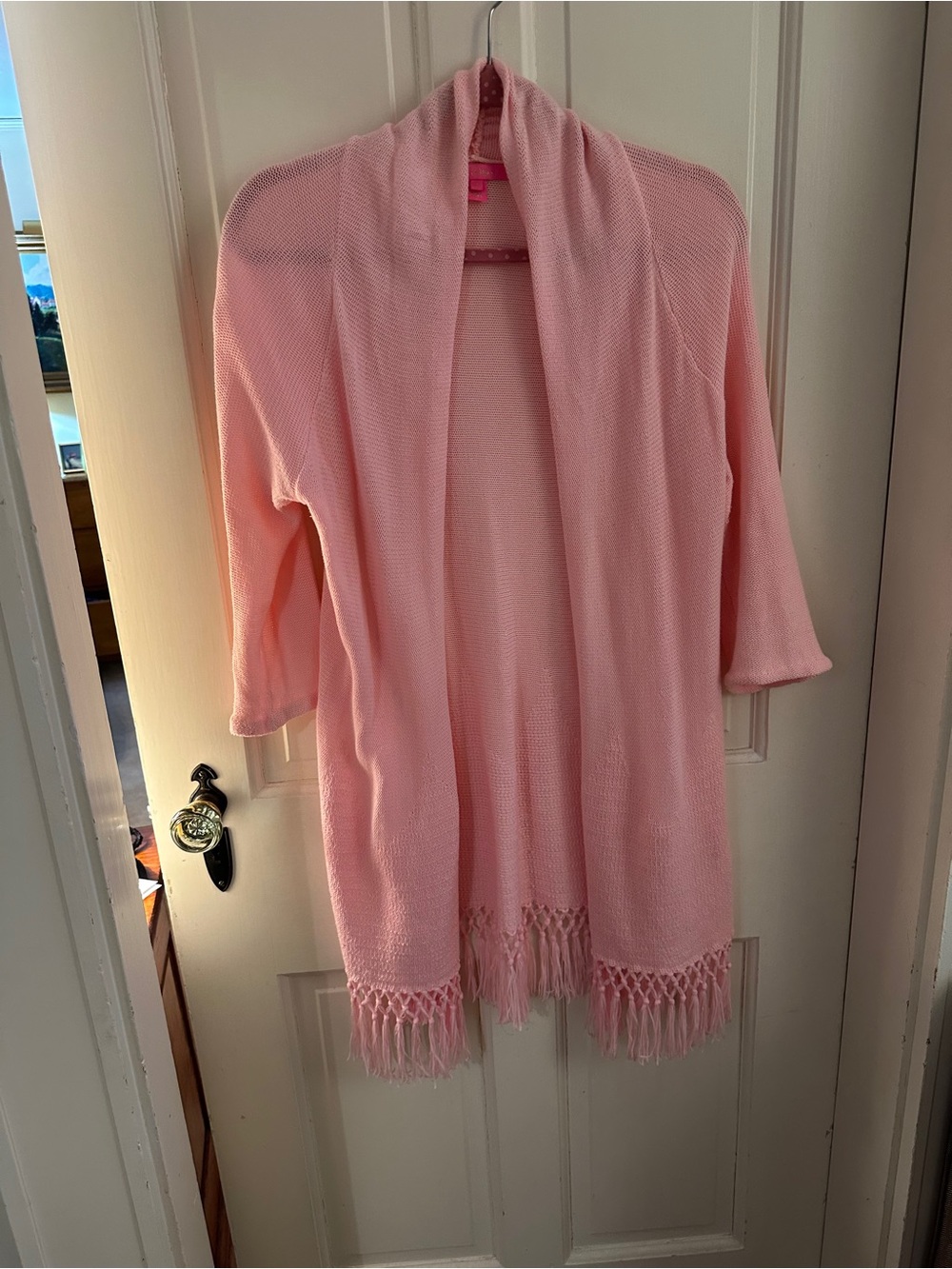 Lilly Pulitzer Tatum Soft Pink Fringe Open-Front Women's Cardigan S ***